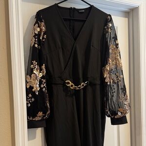 Elegant Black Dress with Gold Floral Sleeves